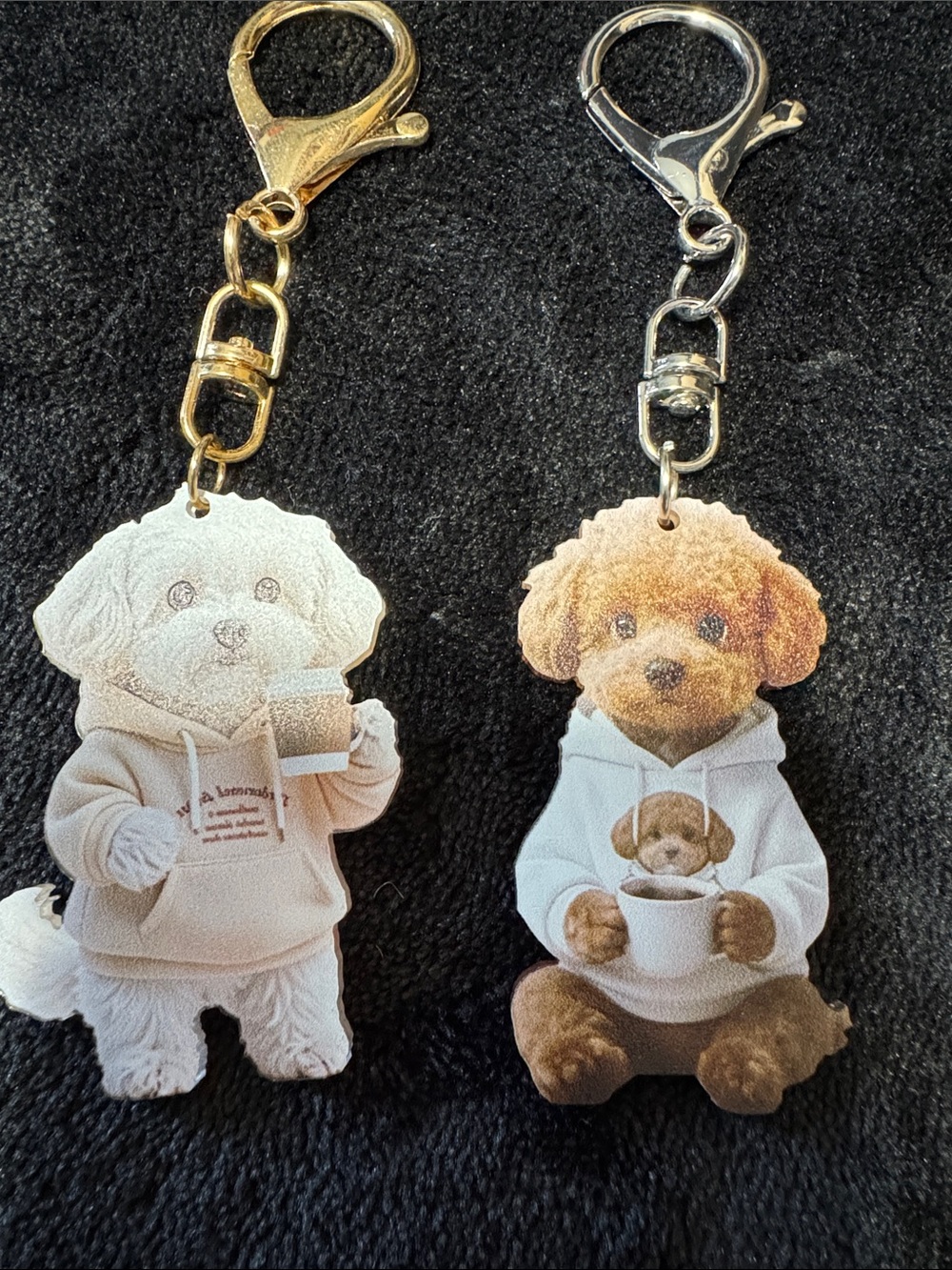 Source Unknown Brown & White Dog Keychain Pair with Gold and Silver Hardware